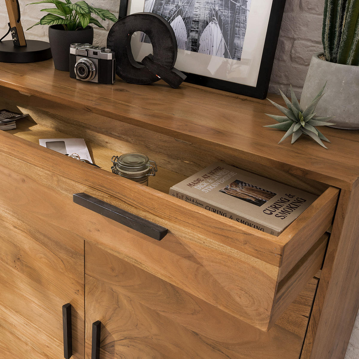 SCHUHKOMMODE - Akazie massiv / Eisen - Akaziefarben, Holz (110/120/37cm) - home24