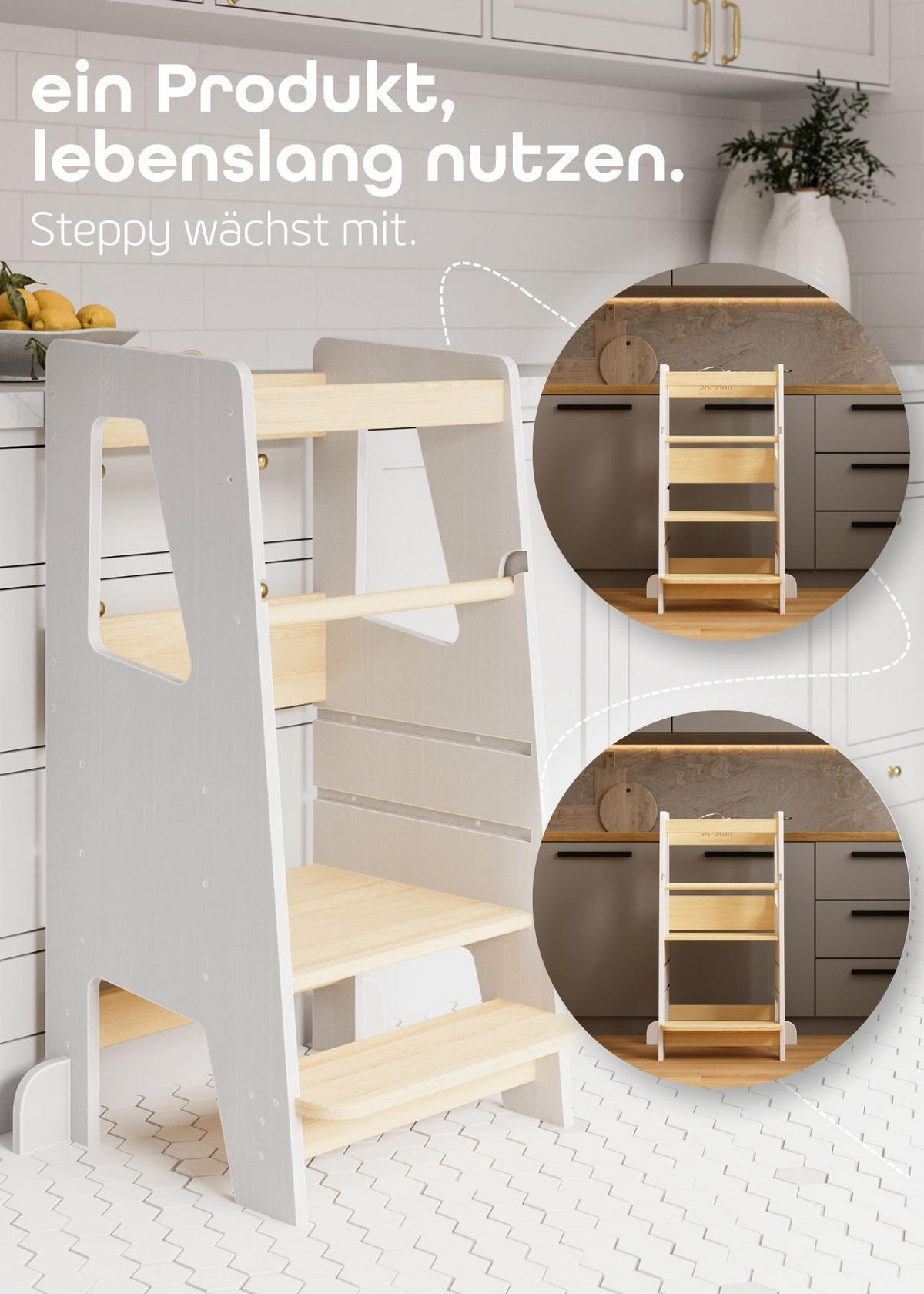 LERNTURM Steppy Höhenverstellbar Montessori Kippschutz weiß/natur - Weiß/Naturfarben, Holzwerkstoff (44/90/44cm) - Sämann – make a difference.