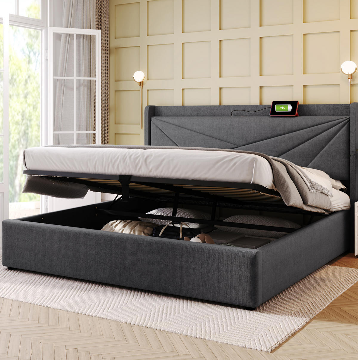 POLSTERBETT 146/208/107 cm grau aus Baumwollleinen mit Stauraum, USB-C und Matratze - Grau, Textil (140/200cm) - OKWISH