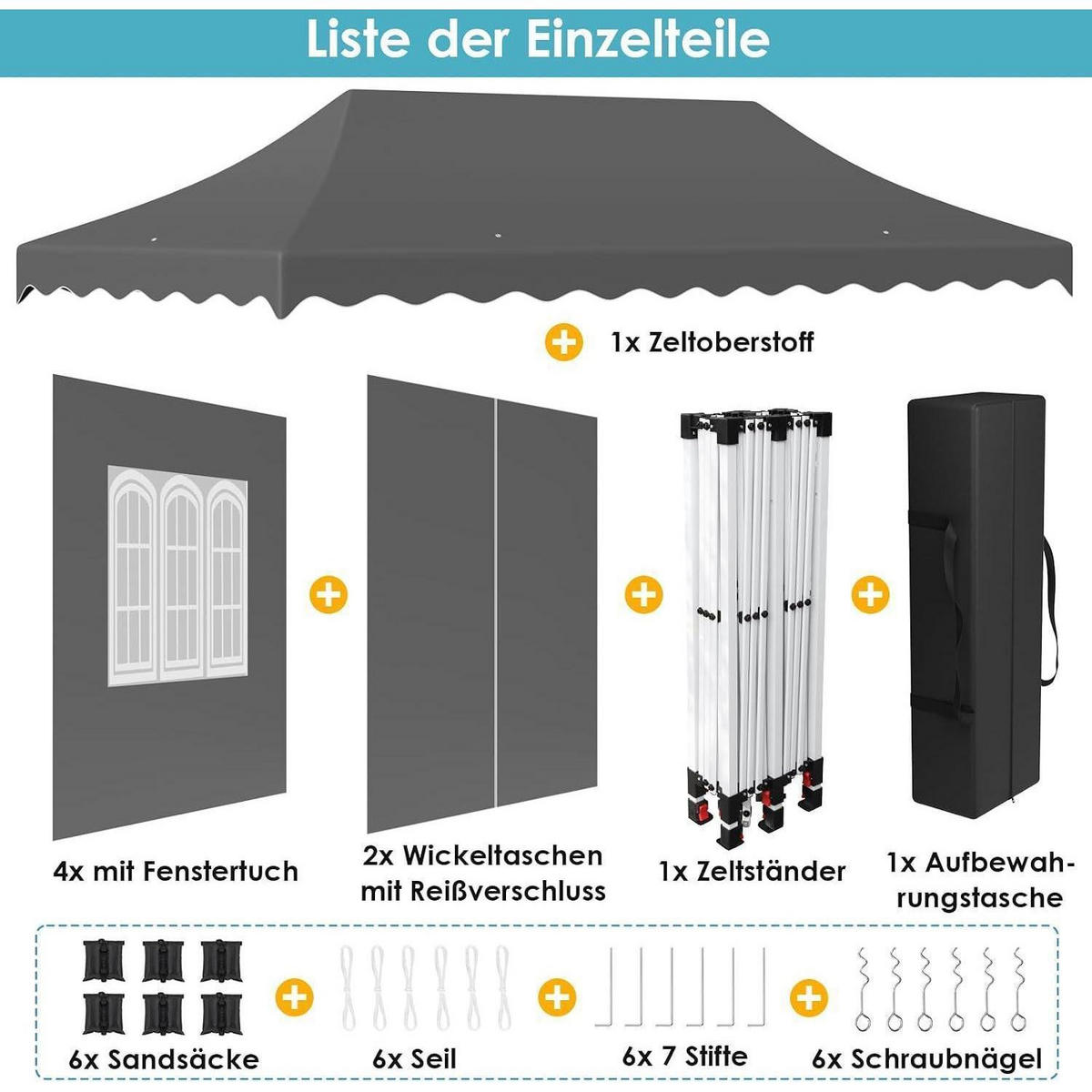 FALTPAVILLON 3x6 m Grau Wasserdicht mit 6 Seitenwänden, winterfest - Grau, Textil (300/310/600cm)