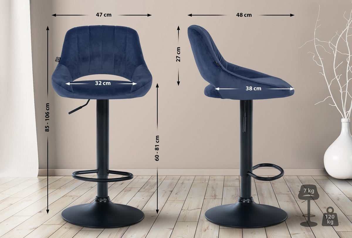 BARHOCKER 2er Set Milos Samt B blau - Blau/Schwarz, Textil/Metall (47/106/48cm) - TPFLiving