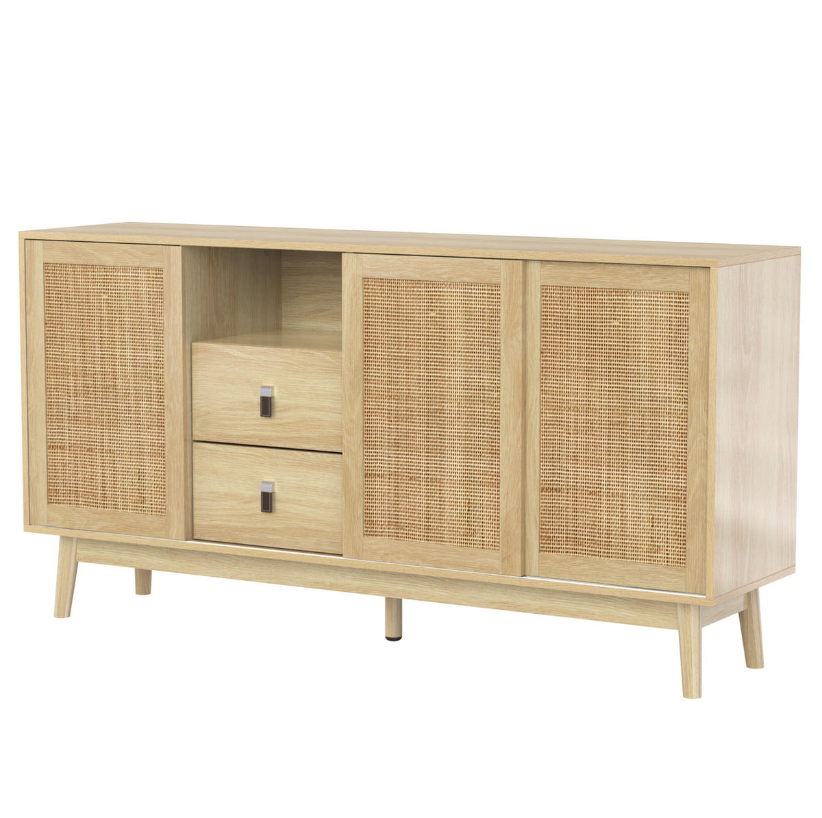 SIDEBOARD mit Schiebetüren und 2 Schubladen 155 x 38 x 80 cm Rattan Holz - Hellbraun, Holzwerkstoff (155/80/38cm) - Meubliv