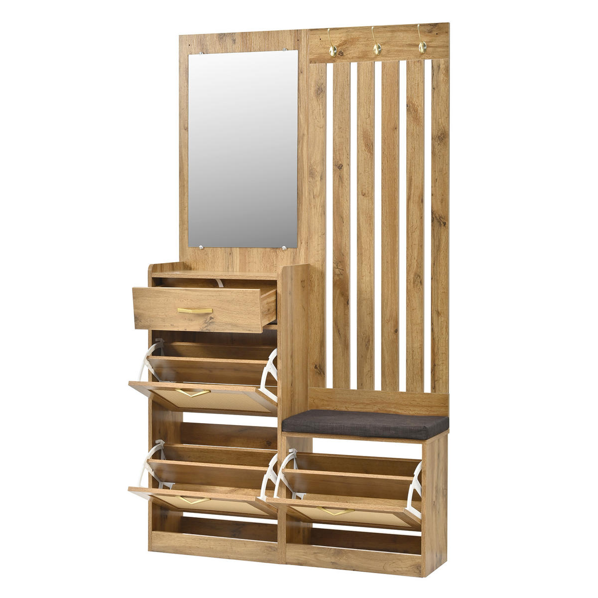 GARDEROBE 100cm Natur & Rattanoptik mit Schuhkipper, Spiegel & Sitzbank - Naturfarben, Holzwerkstoff (99.5/180/26cm) - Urban Meuble