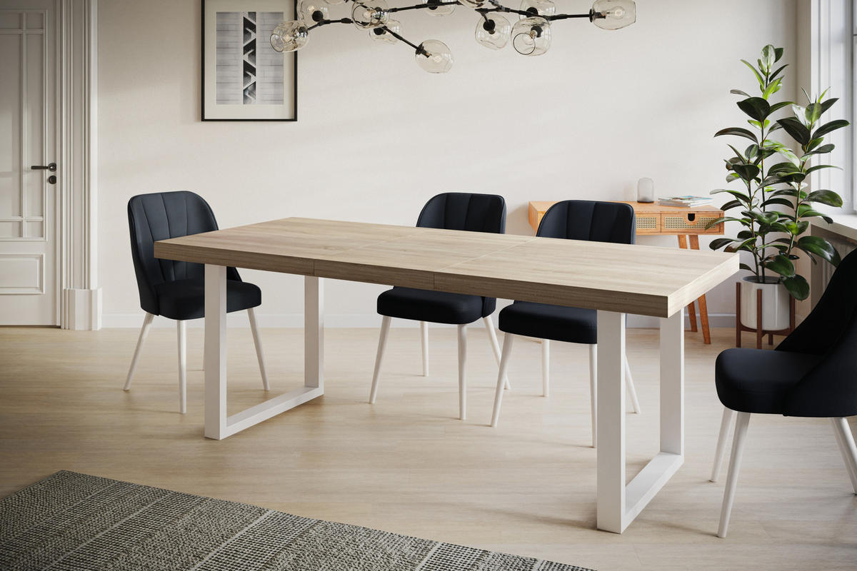 ESSZIMMERTISCH LOFT-U, ausziehbarer Tisch 120-220X80X77 cm, Farbe: SONOMA, mit Metallbeinen in Farbe Weiß - Weiß/Sonoma Eiche, Holzwerkstoff (120/80/77cm) - Alpi-Möbel