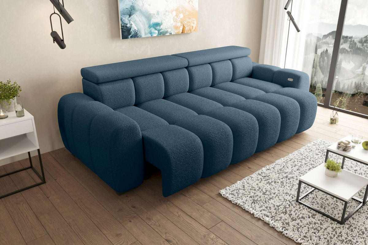 BIGSOFA ALESSIO Bouclé-Stoff Dunkelblau mit elektrischer Sitztiefenverstellung - Dunkelblau, Kunststoff/Textil (248/77/108cm) - 99rooms