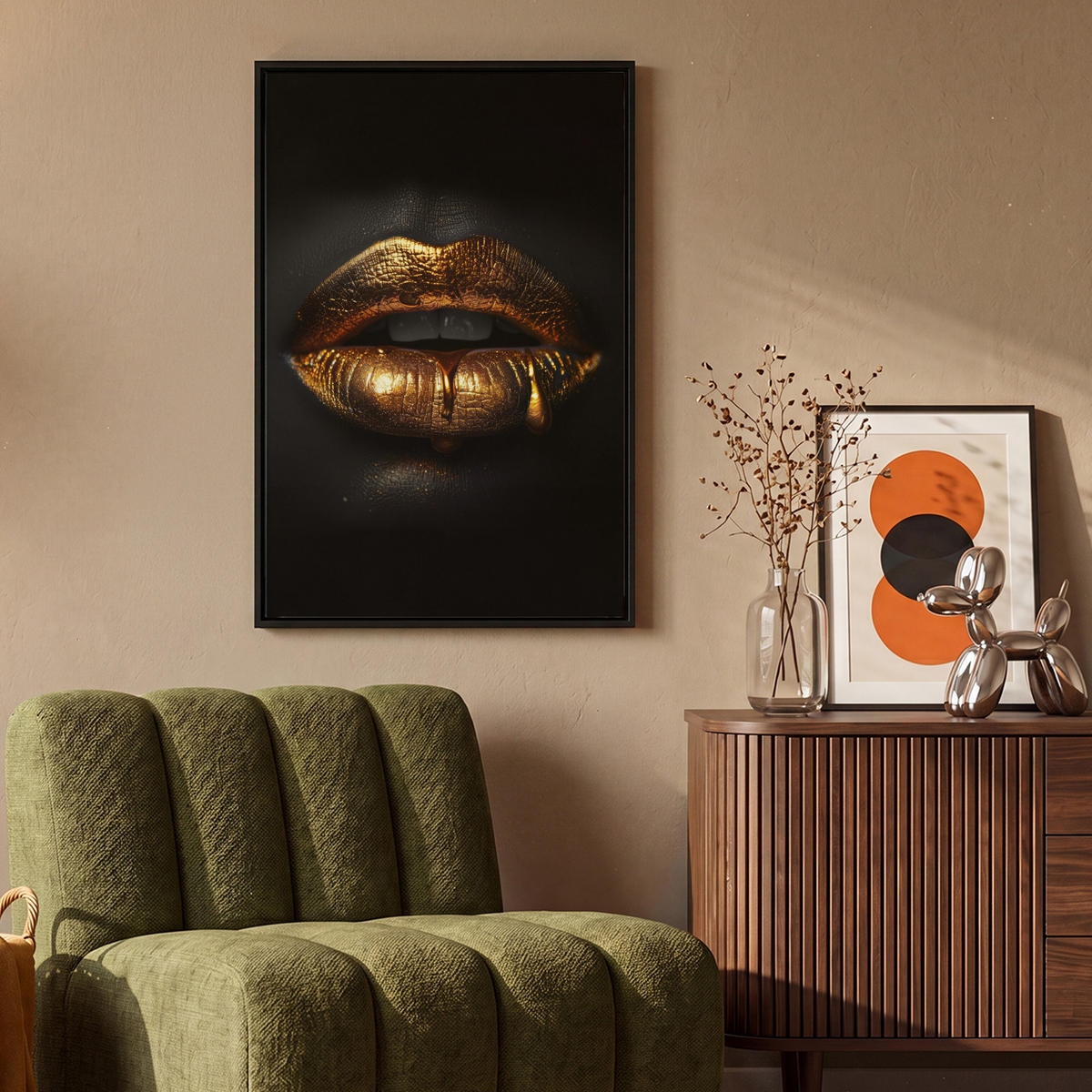 LEINWAND Bilder mit Rahmen - Frau - Porträt - Lippen - Gold - Schwarz - 60x90 - Schwarz, Textil (60/90cm) - MuchoWow