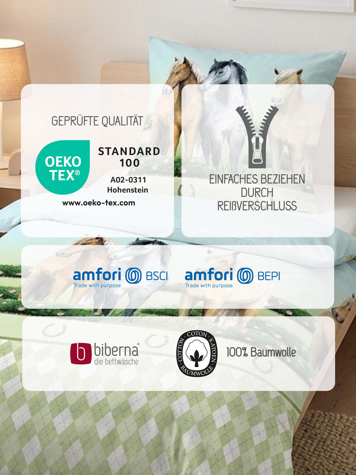 BETTWÄSCHE-GARNITUR Premium Linon Pferde pistaziengrün, 135x200 cm + 80x80 cm - Hellgrün, Textil (135/200cm) - biberna