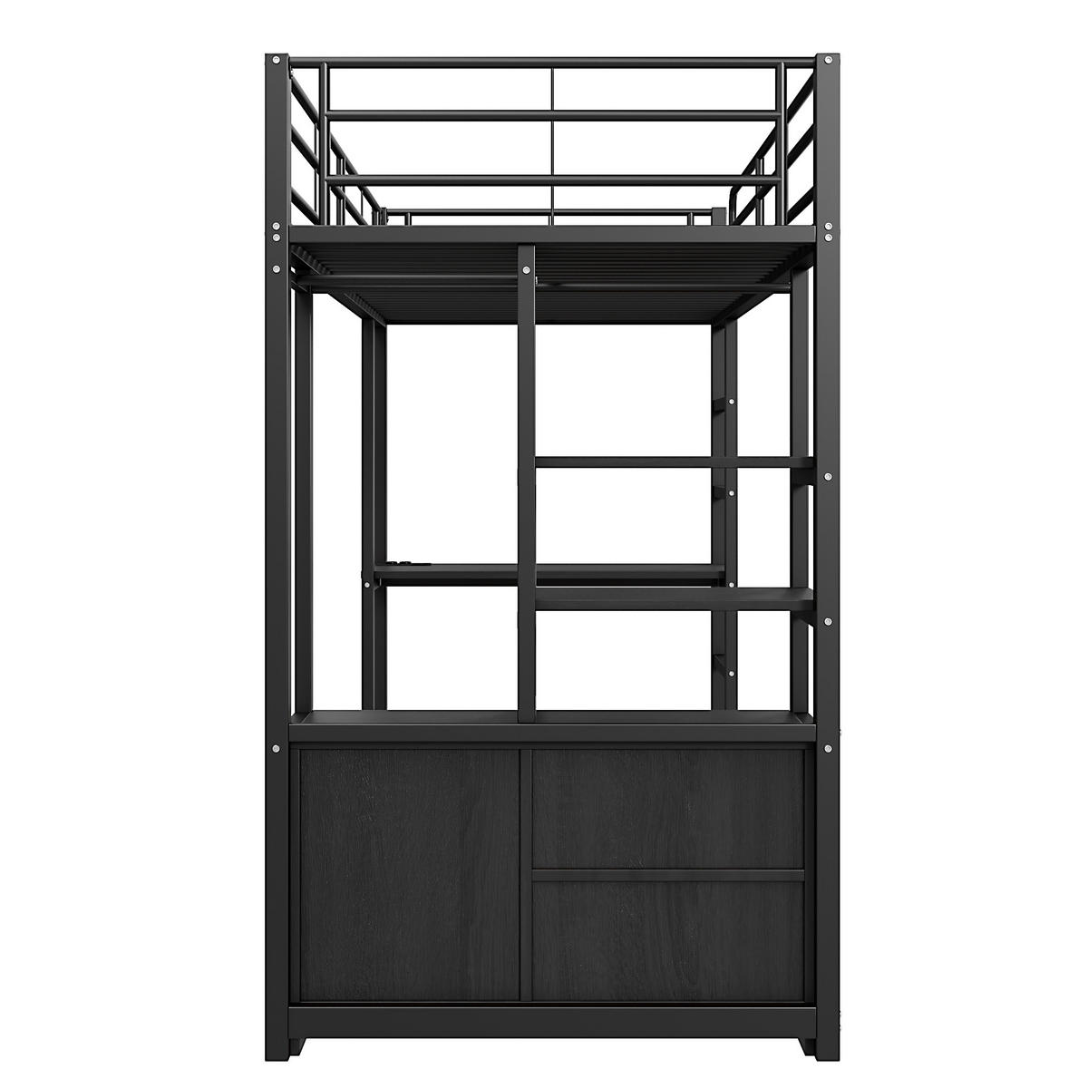 HOCHBETT 90x200cm Schwarz Metall Schreibtisch Steckdose USB Regale Geländer - Schwarz, Metall (90/200cm) - FLIEKS