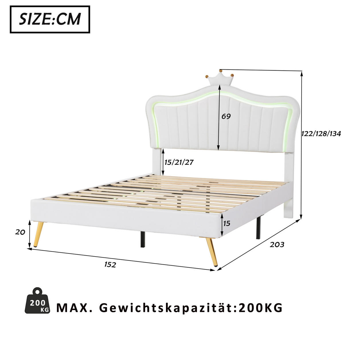 KINDERBETT Polsterbett 140/200 cm mit LED, Krone-Kopfteil, Kunstleder Weiß, Lattenrost - Weiß, Holz/Textil (140/200cm) - PARAFTA HOME