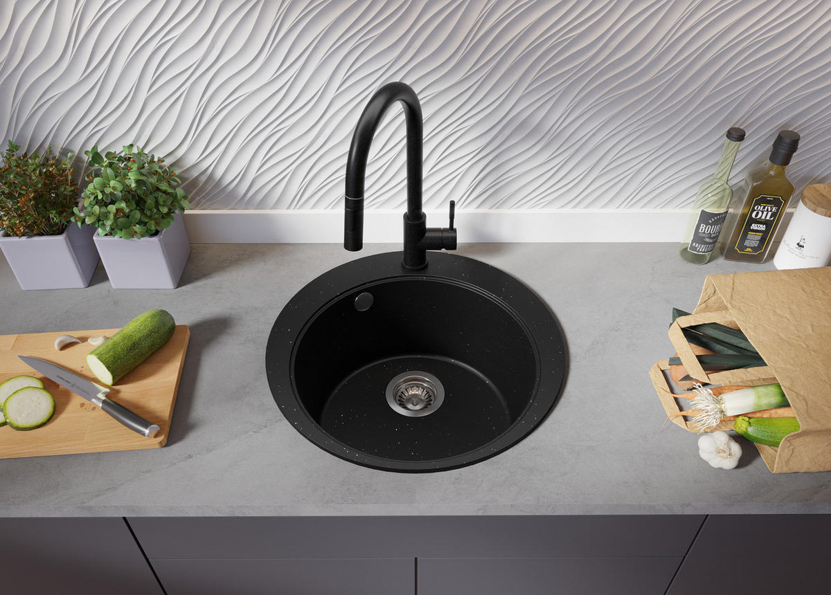 SPÜLBECKEN RUND Pisa, 2-er set Schwarz Metallic 50/50 cm 1 Becken + Ablauf-Set + Schneidebrett ab 45er Unterschrank - Chromfarben/Schwarz Hochglanz, Kunststoff (50/20/50cm) - Primagran