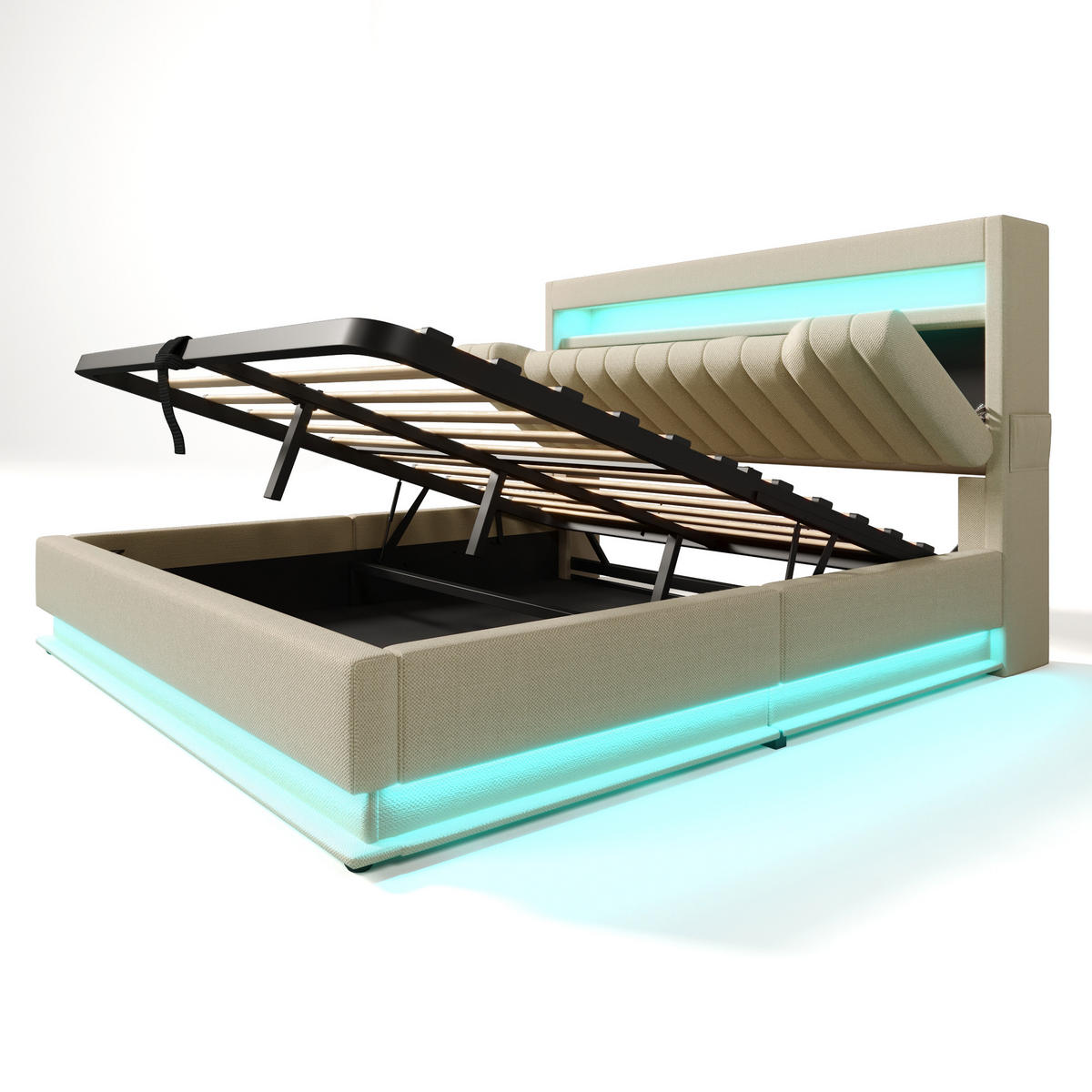 POLSTERBETT 140/200 cm Beige mit Stauraum und LED-Beleuchtung - Beige, Textil (140/200cm) - OKWISH