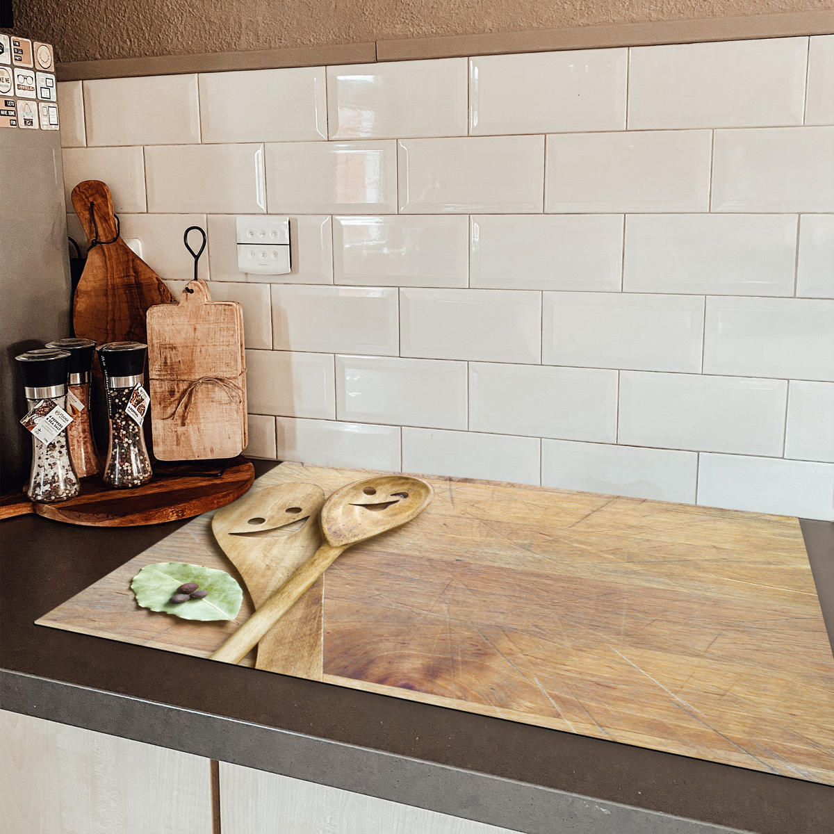 HERDABDECKPLATTE Holz - Löffel - Braun - Smiley 80x52 cm - Hellbraun, Kunststoff (80/52/0.2cm) - MuchoWow