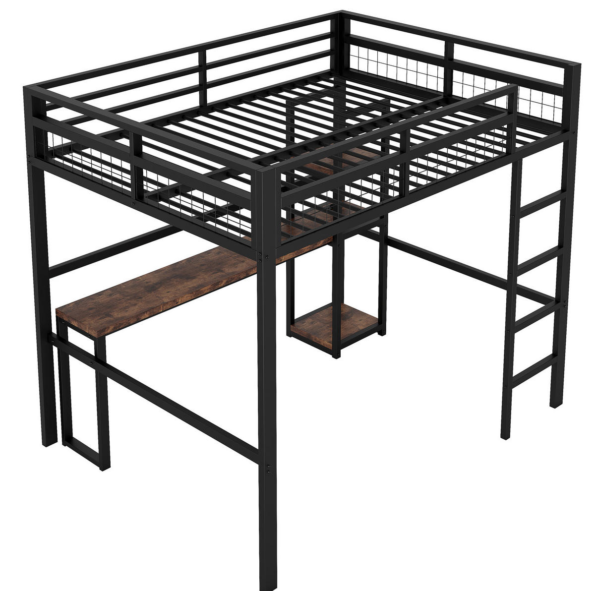 HOCHBETT 140/200 cm mit Schreibtisch, Regalen, Steckdose, USB-C und Leiter, Metallrahmen, Schwarz - Schwarz, Metall (140/200cm) - Redom