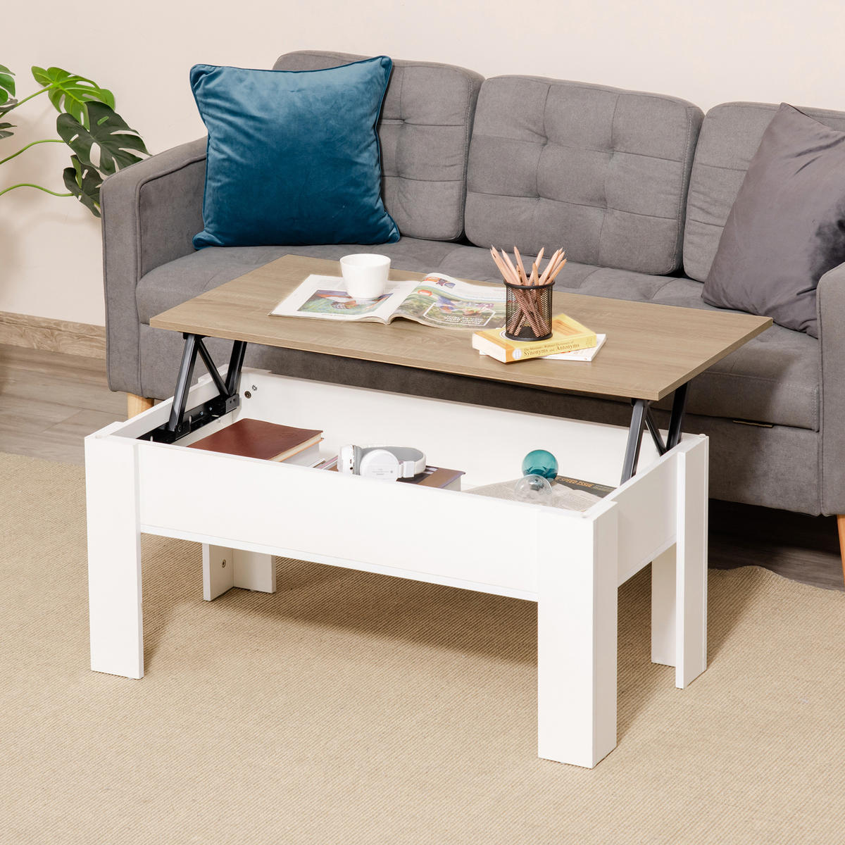 COUCHTISCH DE-15799 klappbare Platte Weiß - Weiß, Holzwerkstoff (100/50/45cm) - ComfortXL