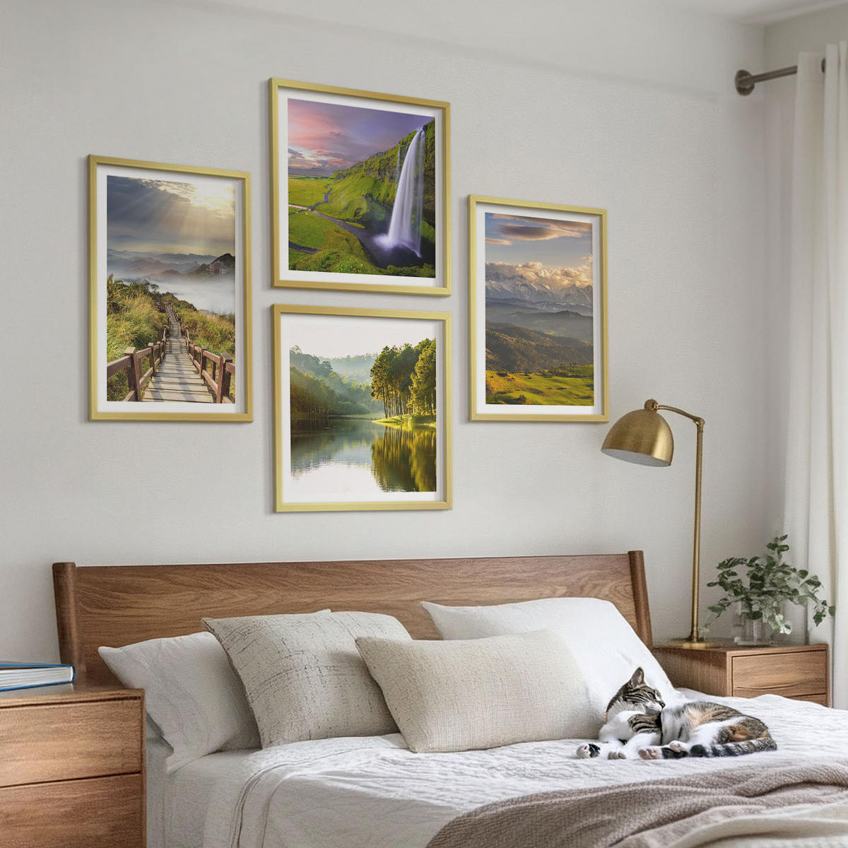 BILDER SET 4er Set - 50x50 cm & 40x60 cm Goldrahmen - Berglandschaften Wasserfall - Goldfarben, Kunststoff (50/50cm) - TULUP