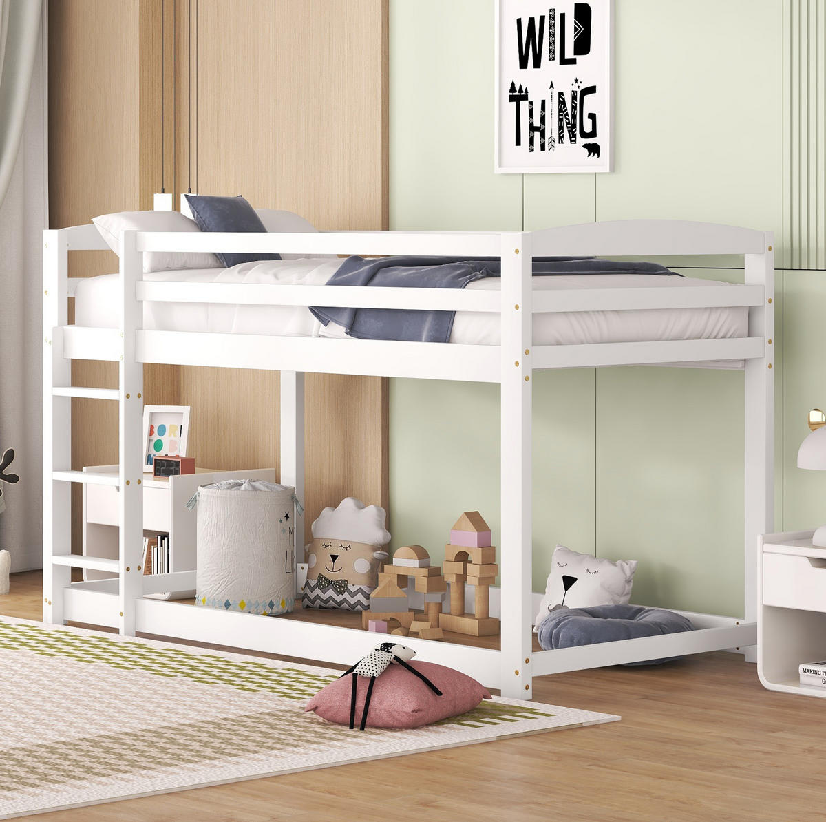 ETAGENBETT aus Kiefer 90x200 cm Weiß mit niedrigem Profil, Sicherheitsgeländer und platzsparendem Design - Weiß, Holzwerkstoff (90/200cm) - Modfu