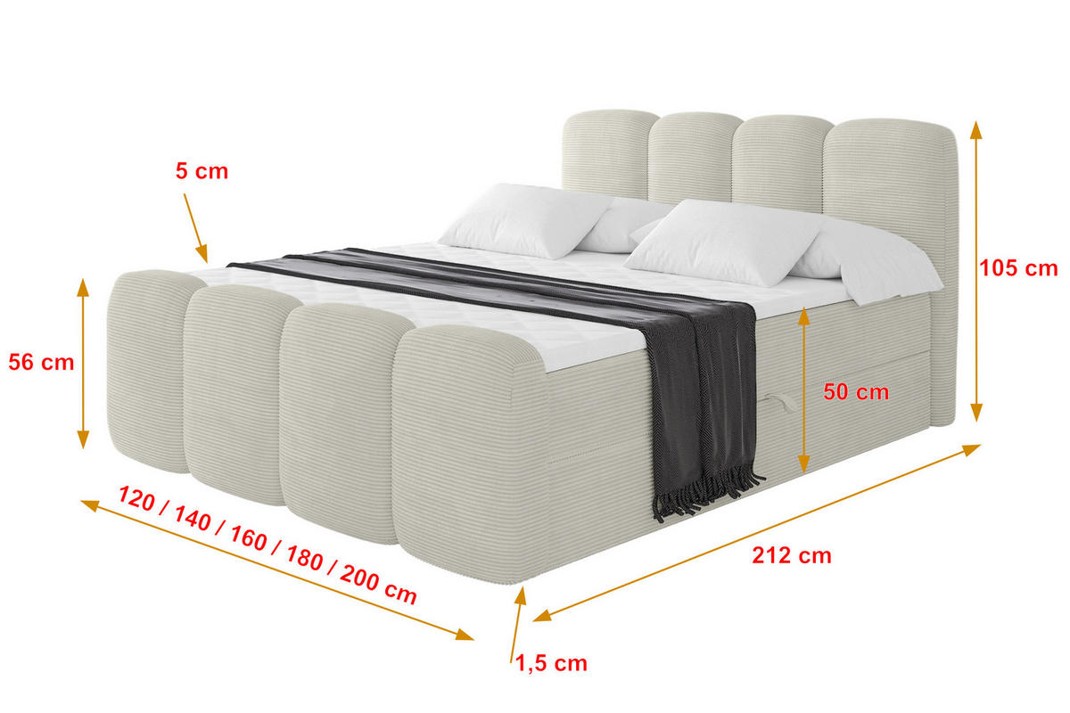 BOXBETT mit Matratze H3 - NINA-Z - 160x200 cm Creme - Perlmutt, Holzwerkstoff (160/200cm) - ALTDECOR