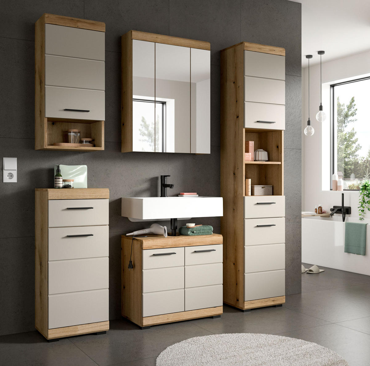 BADMÖBEL-SET Sand Kashmir, Evoke Eiche, Badkombination 164 cm 5-teilig - Kaschmir/Eichefarben, Glas/Holzwerkstoff (164/191/34cm) - Inn.Furn