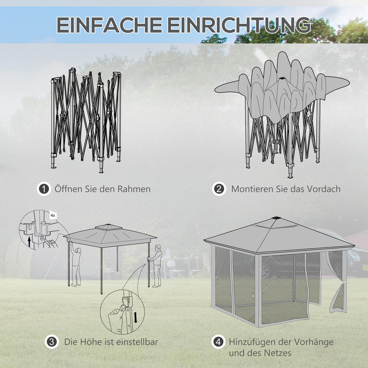 PAVILLON 3,3x3,3m Wasserabweisend Pop-up Faltpavillon mit LED, Doppeldach - Braun, Textil/Metall (336/270/336cm) - Outsunny
