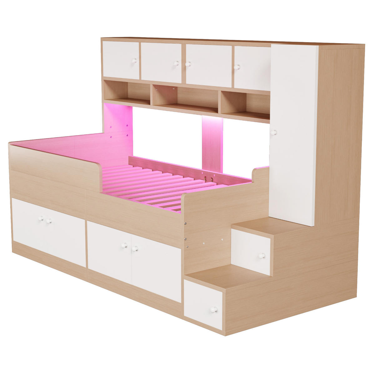 HOCHBETT 90/200 cm aus MDF mit Stauraum, Kleiderschrank, LED-Beleuchtung und Sicherheitsgeländer, farbe - Eichefarben, Holzwerkstoff (90/200cm) - Redom