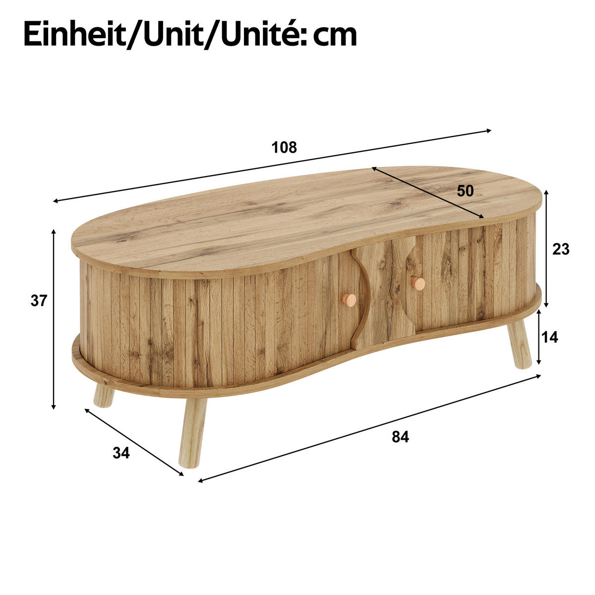 COUCHTISCH organisch Rillenoptik 2 Schiebetüren - Naturfarben, Holz (50/108/37cm) - LEBENLANG