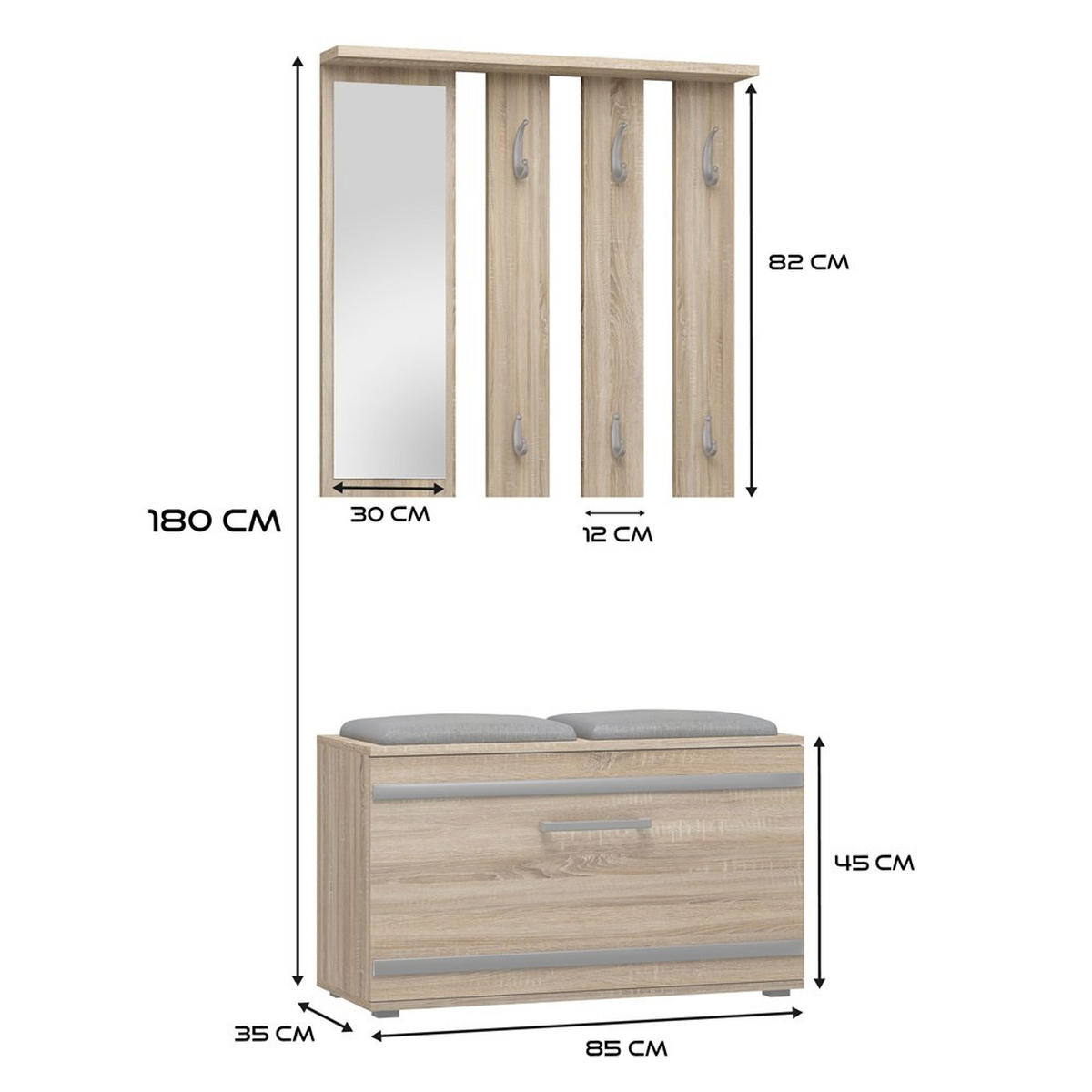 GARDEROBE set de mobilier pentru hol cu oglindă Sonoma 85/180/35 - stejar Sonoma, compozit lemnos (85/180/35cm) - RAUMHIRSCH FURNITURE