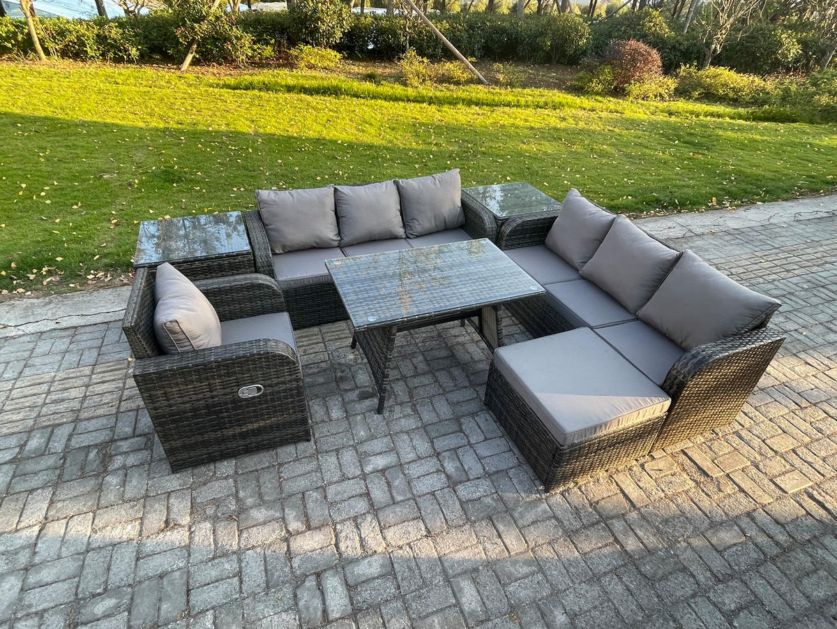 GARTENSET Hohe Rückenlehne Polyrattan 8-Sitzer - Dunkelgrau/Grau, Glas/Kunststoff - Fimous
