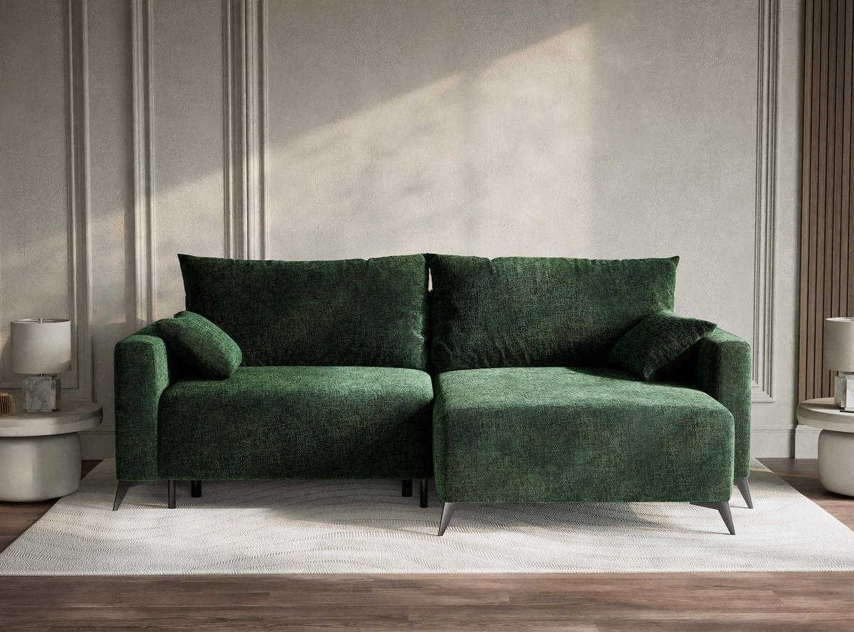 ECKSOFA MIT SCHLAFFUNKTION Leon Dunkelgrün Chenille-Stoff - Dunkelgrün/Schwarz, Holz/Holzwerkstoff (239/148cm) - Maison de Reve