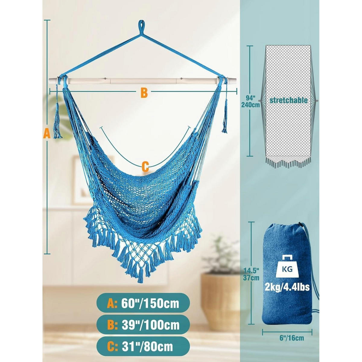 HÄNGESESSEL Baumwolle Königsblau 240 x 80 cm - Blau, Textil (80/1.5/240cm)