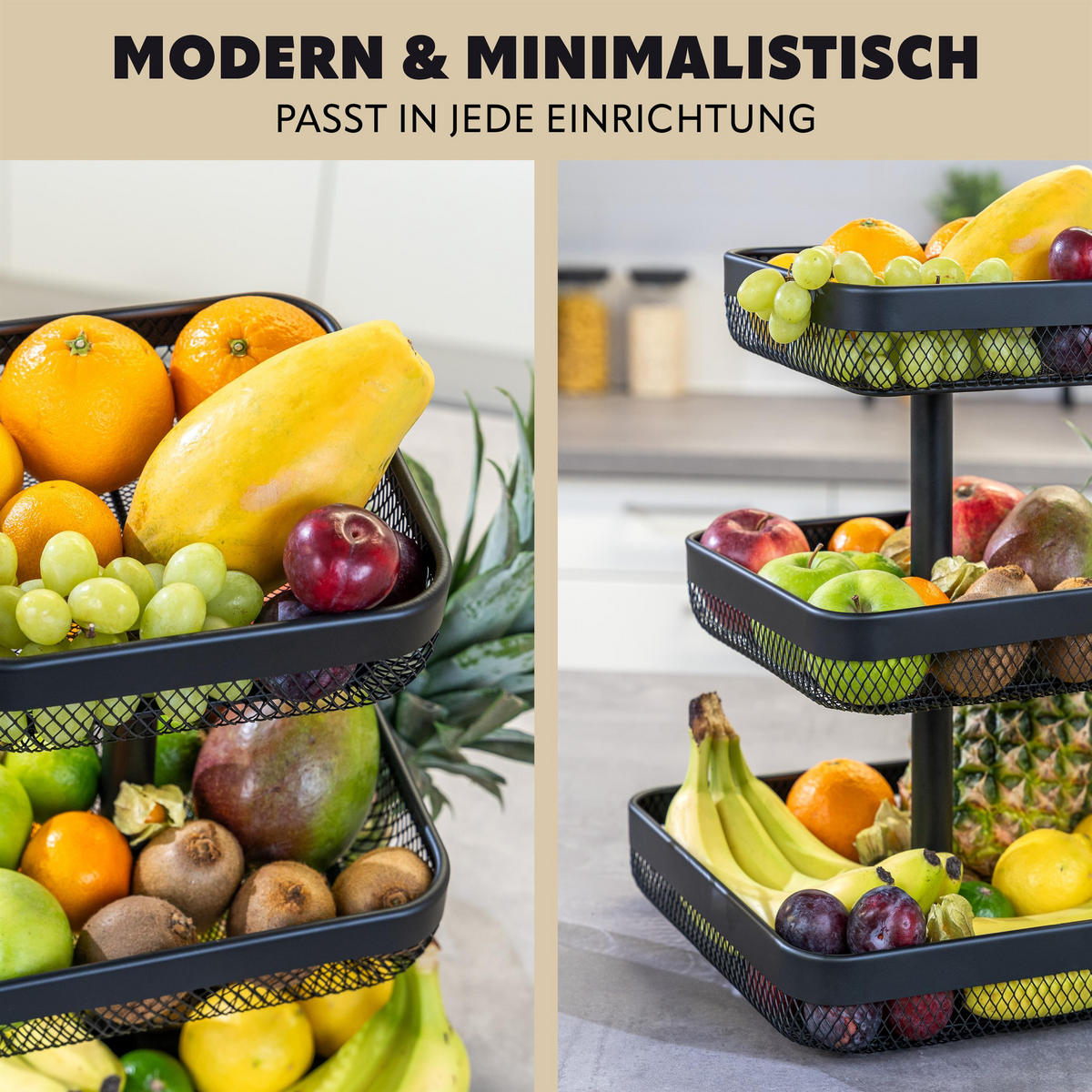 OBSTETAGERE 3-STÖCKIG eckig Metall schwarz - Schwarz, Metall (30/42cm) - eluno