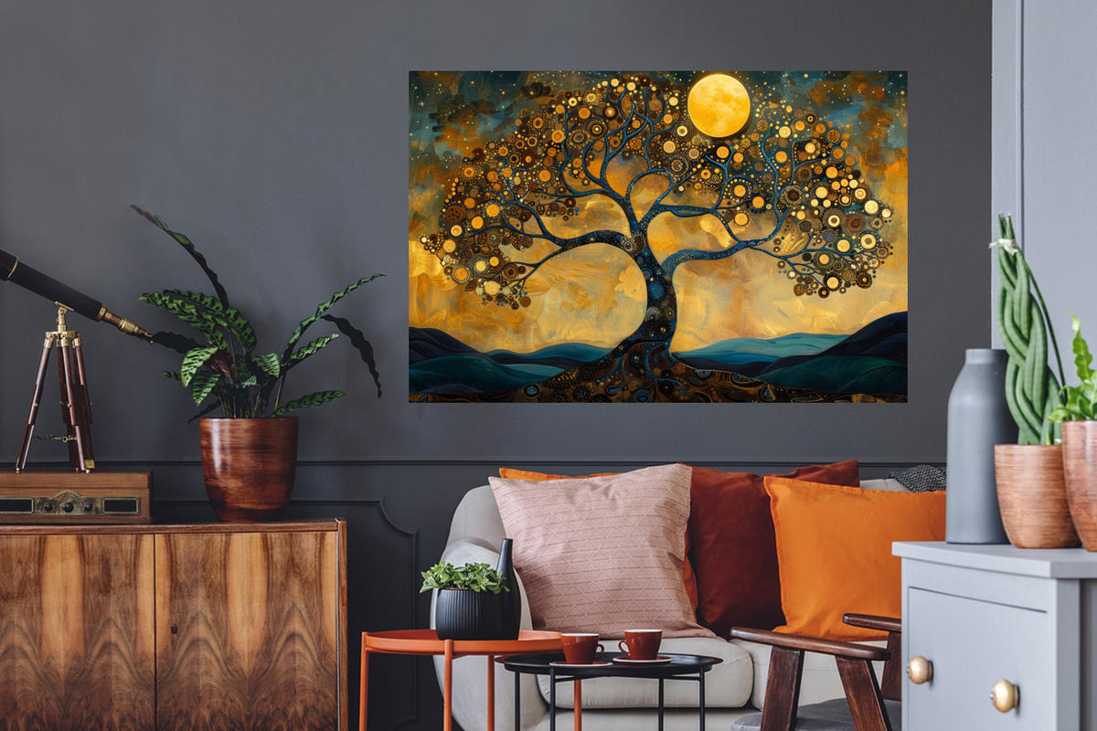 WANDTATTOO Baum - Mond - Blumen - Gold - Kunst 120x80 cm - Orange, Kunststoff (120/80/0.1cm) - MuchoWow