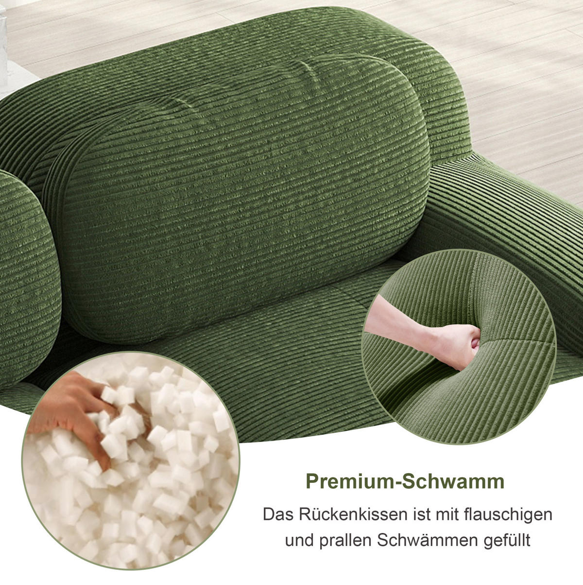 WOHNLANDSCHAFT 298/178/70 cm in Grün aus Cordsamt, modular und ohne Montage - Grün, Textil (178/70/298cm) - Flora Grace