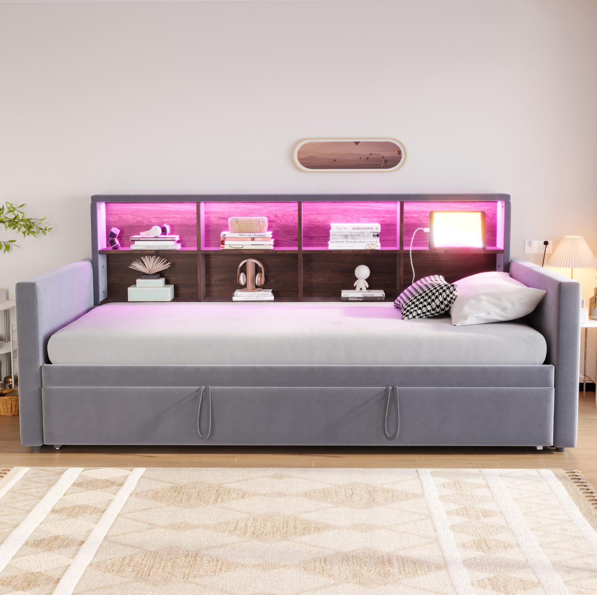 POLSTERBETT 90/190 cm aus Samt mit Ausziehbett, LED-Kopfteil und Steckdosen Dunkelgrau - Dunkelgrau, Textil (90/190cm) - Modenvie