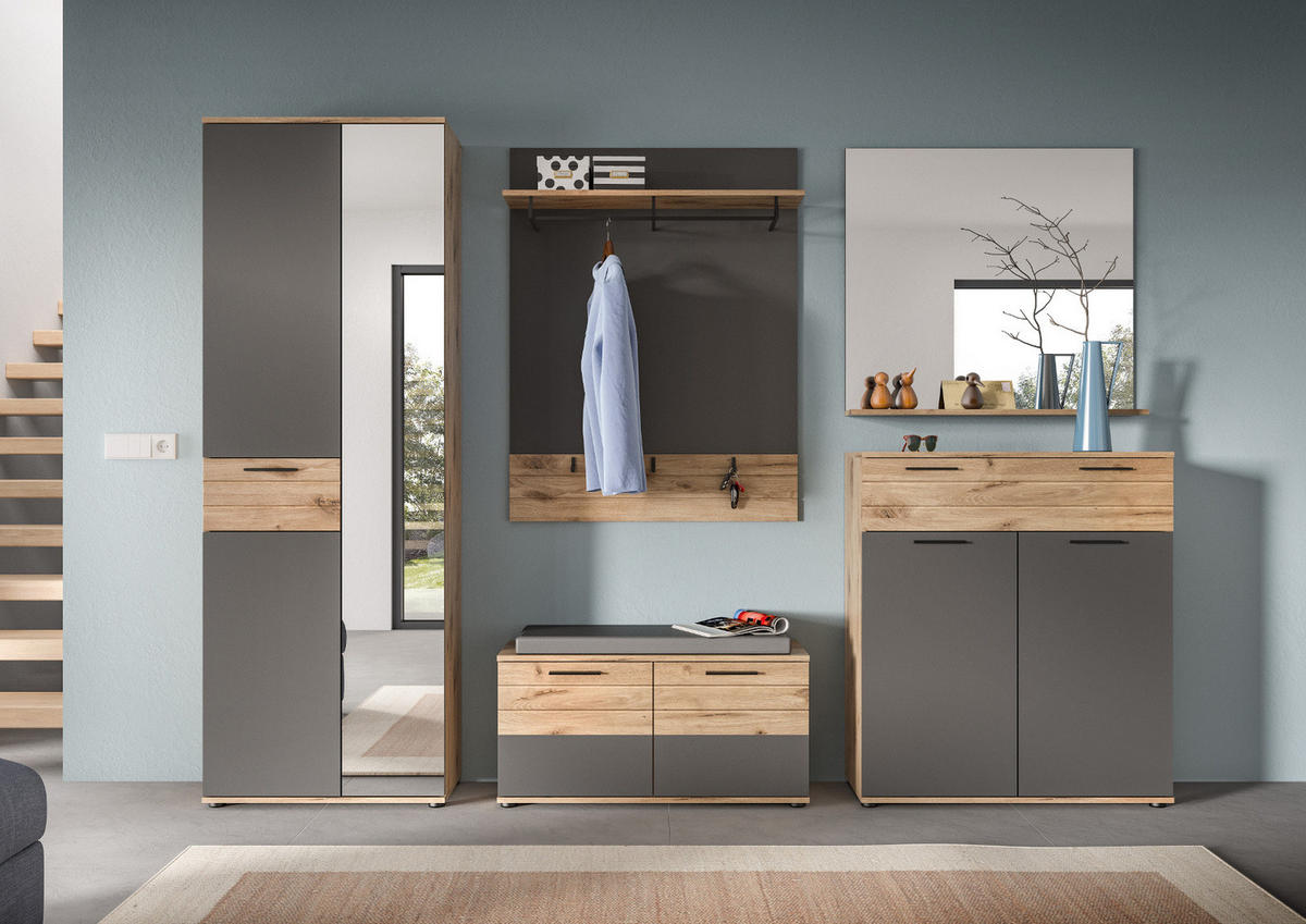 GARDEROBEN-SET Eiche, grau 5-teilig 280 cm mit Soft-Close - Eichefarben/Schwarz, Glas/Holzwerkstoff (195/200/37cm) - Inn.Furn