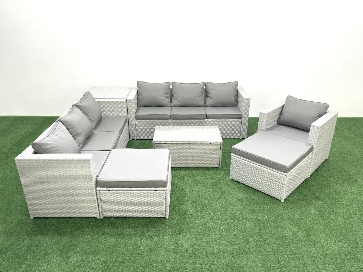 GARTENGARNITUR mit 3-SITZER SOFA,COUCHTISCH Polyrattan Hellgrau-Mix 9-Sitzer - Hellgrau/Grau, Glas/Kunststoff - Fimous