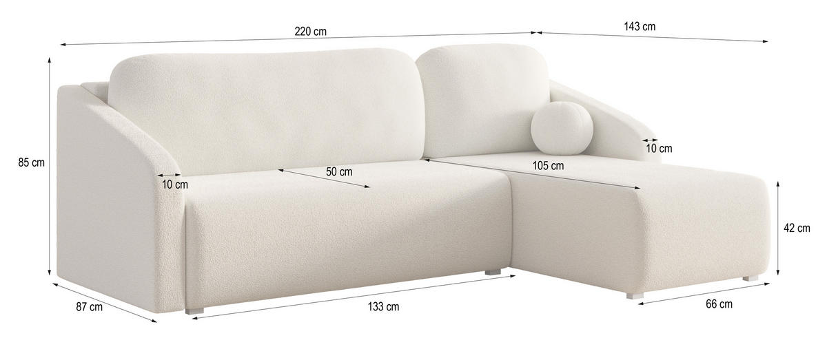ECKSOFA MARELLO Beige Boucle-Stoff mit Schlaffunktion - Beige, Holz (220/143cm) - MASSENO