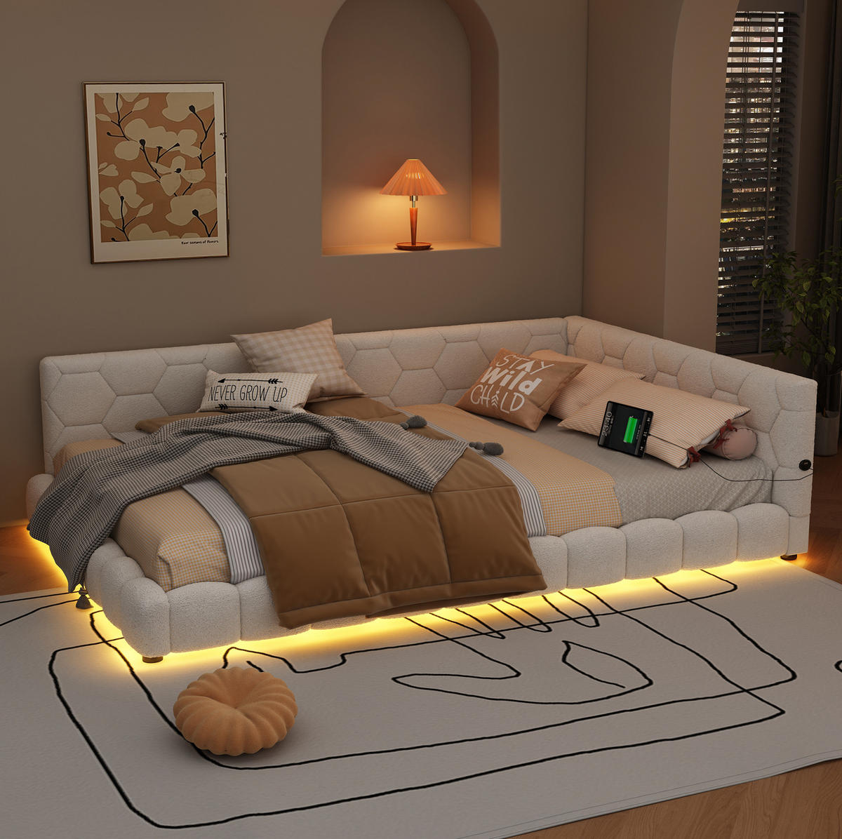 ČALÚNENÁ posteľ 140/200 cm biela, zamatovo hebký poťah, s LED osvetlením, USB a roštom - biela, textil (140/200cm) - BEAOK