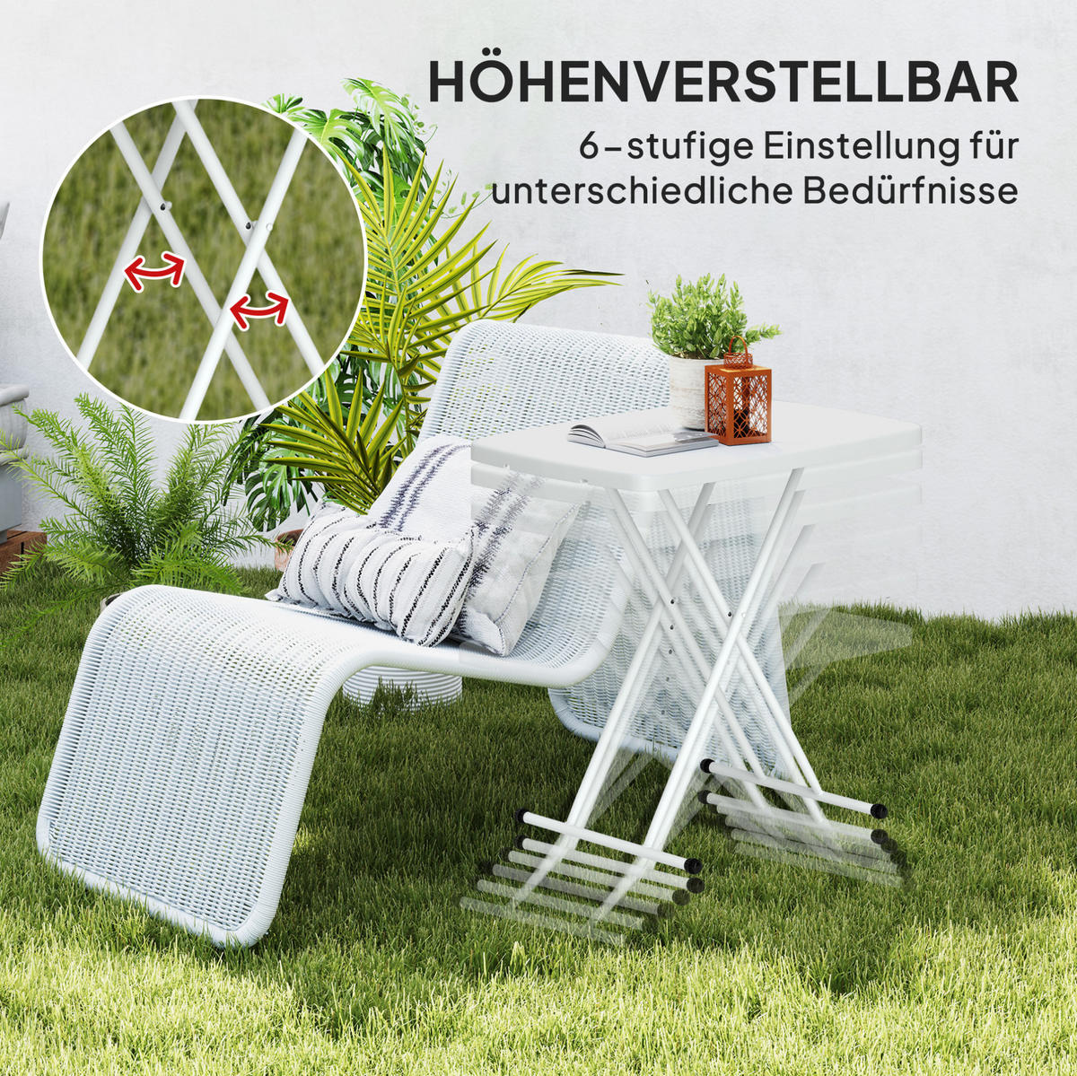 GARTENTISCH 76/50/74 cm weiß aus Kunststoff und Stahl klappbar höhenverstellbar - Naturfarben, Metall (76/50/74cm) - OKWISH