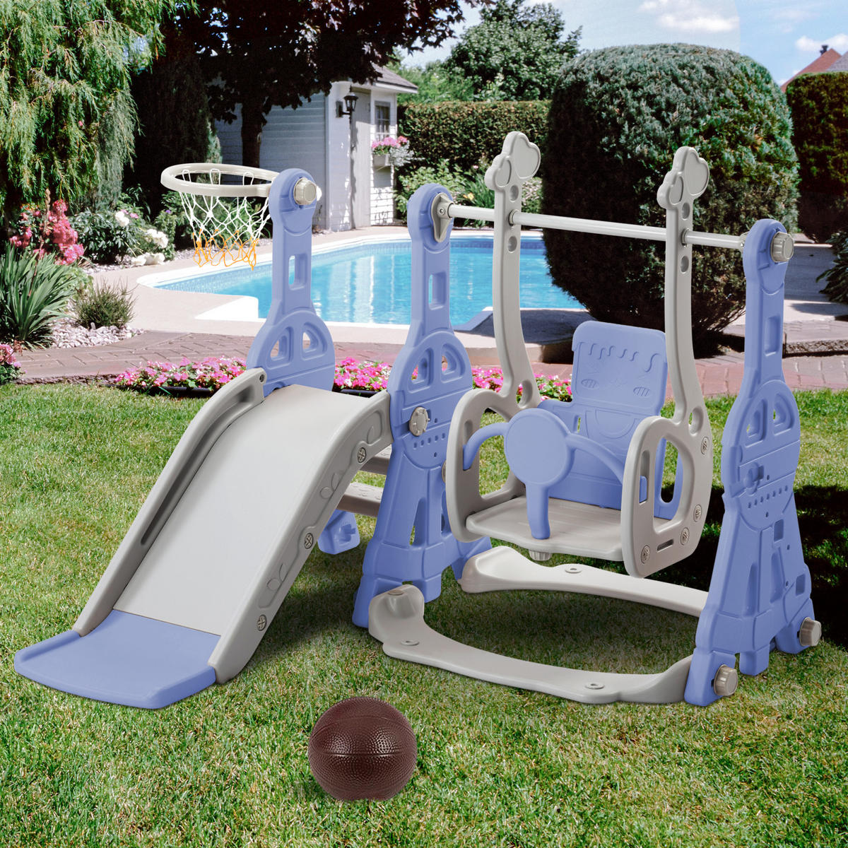 KINDERRUTSCHE mit Schaukel 4-in-1 – ,Blau, Mit Basketballkorb & 3-fach höhenverstellbarer Schauke,Spielgerät für Kinder - Blau, Kunststoff (140/102/118cm) - BursDany