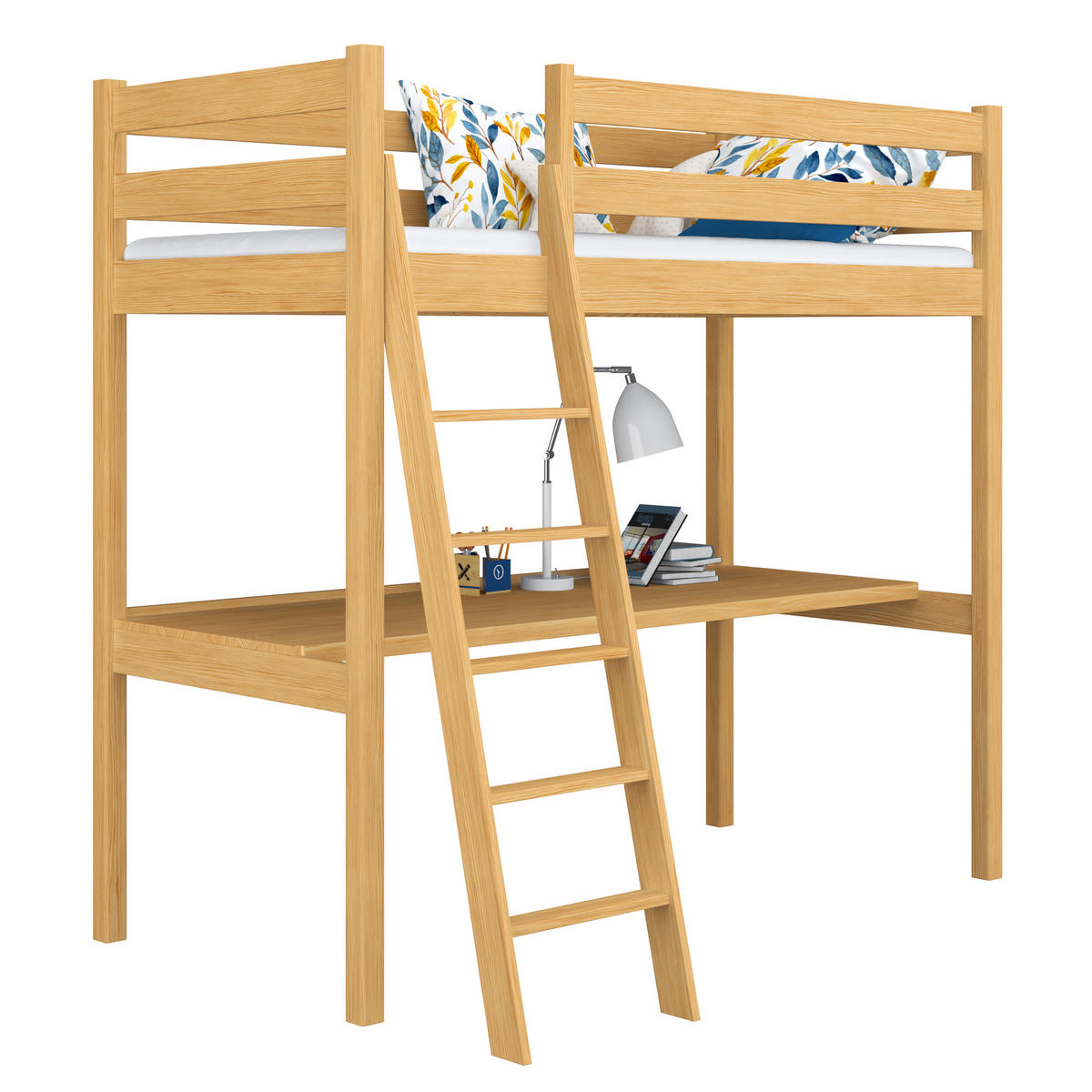 HOCHBETT N03 mit Schreibtisch Naturkiefer 90/190 - Hellbraun, Naturmaterialien/Holz (90/190cm) - N-Wood