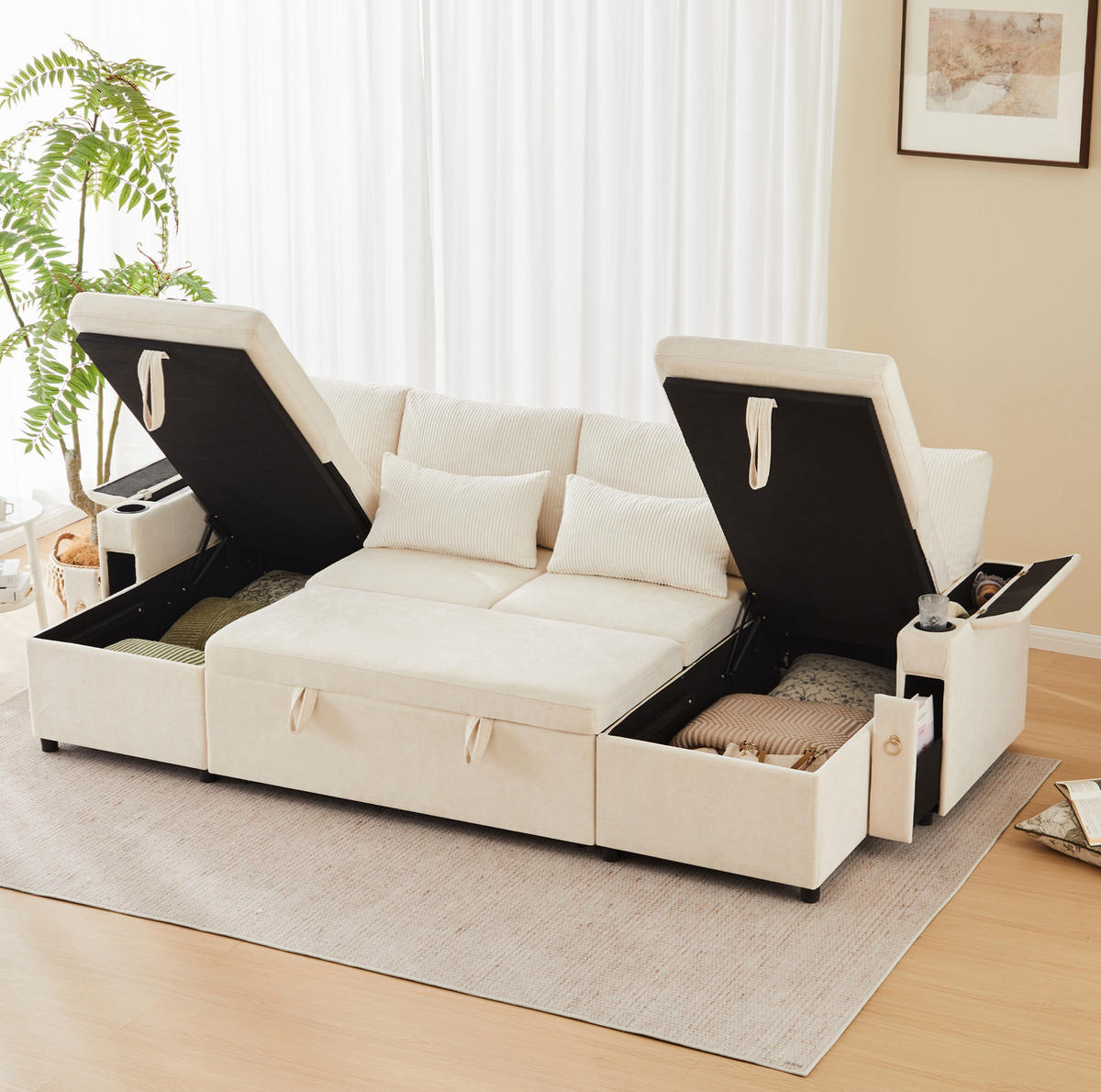 SCHLAFSOFA aus Chenille & Cord 272x131x84 cm in Beige mit Stauraum - Beige, Textil (272/84/131cm) - Modfu