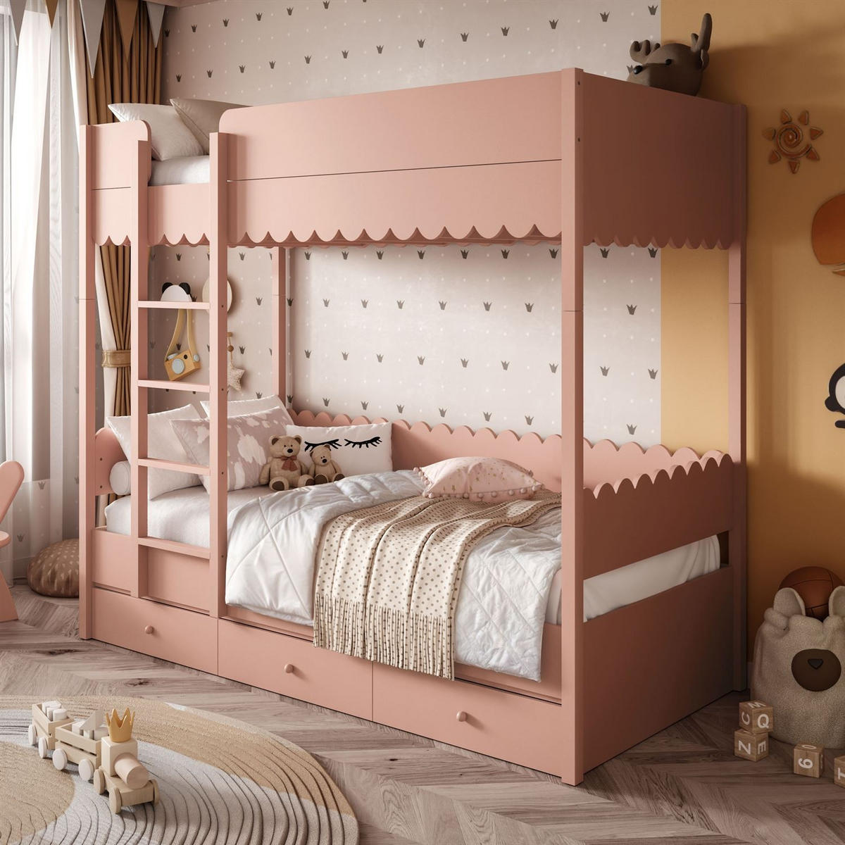 ETAGENBETT BABUSHKA – Etagenbett 90x200 cm, mit zwei Matratze, Natürlich Rosa - Rosa, Holzwerkstoff - Lookway
