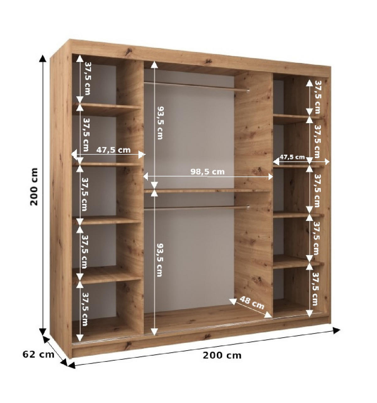 SCHWEBETÜRENSCHRANK 200/200/62 2-türig - Silberfarben/Eiche Artisan, Holz/Kunststoff (200/200/62cm) - Abiks Möbel