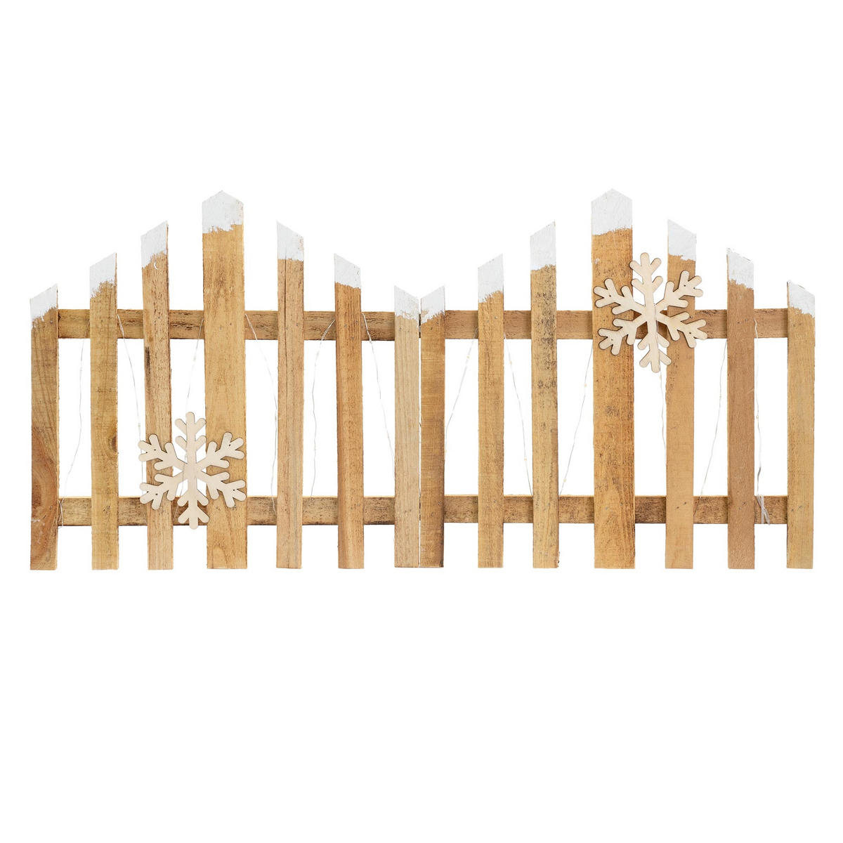 DEKO HOLZ ZAUN Natur 30 LED Warmweiß 77x38 cm mit Schneeflocken - Braun, Holz (77/38/2cm) - ECD-Germany