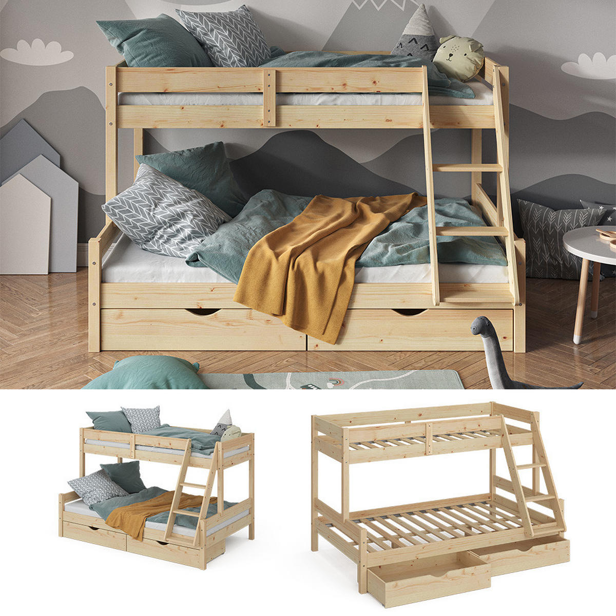 ETAGENBETT Everest Naturholz 120x200/80x200 cm mit Schubladen - Naturfarben, Holz (120/200cm) - VitaliSpa
