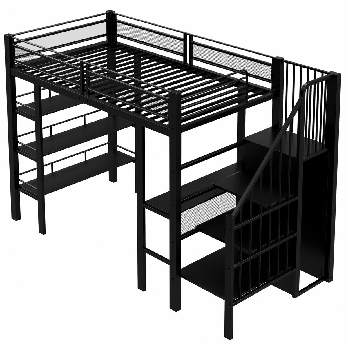 HOCHBETT 90/200 cm aus Metall mit Schreibtisch, Regal und LED-Beleuchtung Schwarz - Schwarz, Metall (90/200cm) - Modenvie
