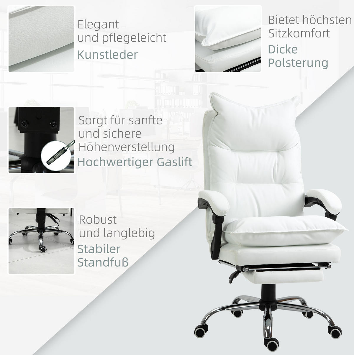 BÜROSTUHL mit Fußstütze höhenverstellbar Weiß - Weiß, Metall (72/130/66cm) - Meubliv