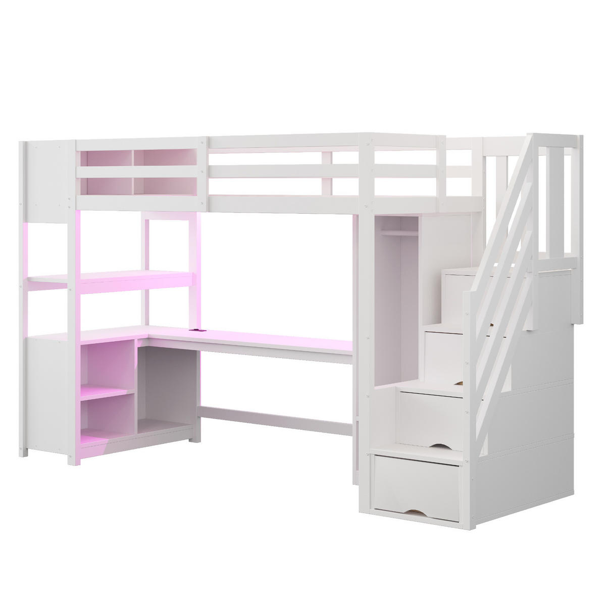 HOCHBETT 90/200 cm mit Schreibtisch, Kleiderschrank, Stauraumtreppe, LED und Steckdose aus , Weiß - Weiß, Holzwerkstoff (90/200cm) - Redom
