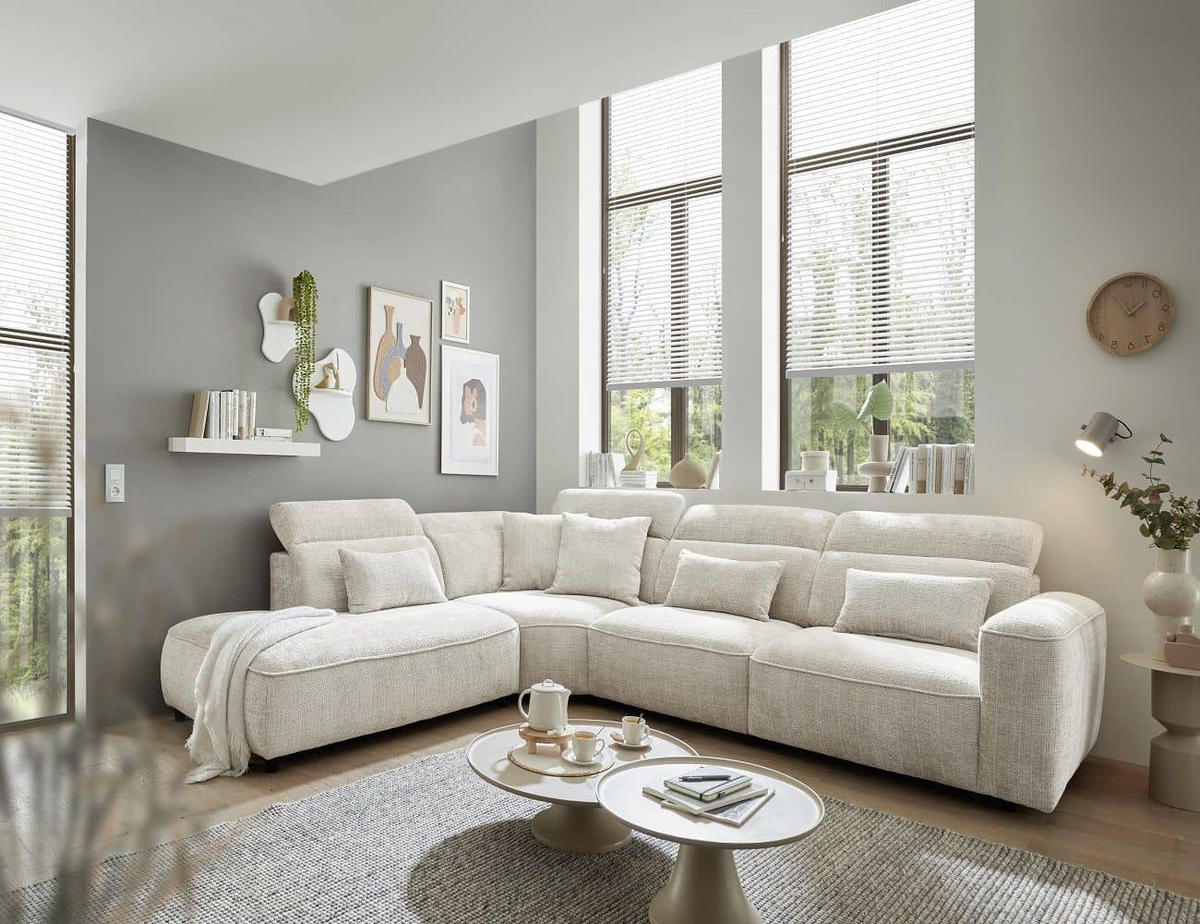 ECKSOFA mit 5-fach verstellbare Kopflehnen und pflegeleichter Mikrofaser-Chenille-Bezug - Schwarz/Weiß, Kunststoff/Textil (339/285cm) - ed exciting design