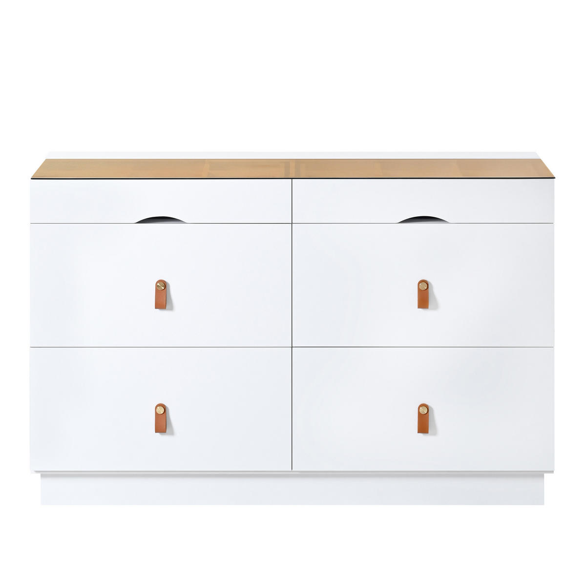 KOMODA z MDF a skla 120x40x78 cm biela so 6 zásuvkami, sklenenou doskou a členitým úložným priestorom - biela, sklo (120/78/40cm) - Modfu